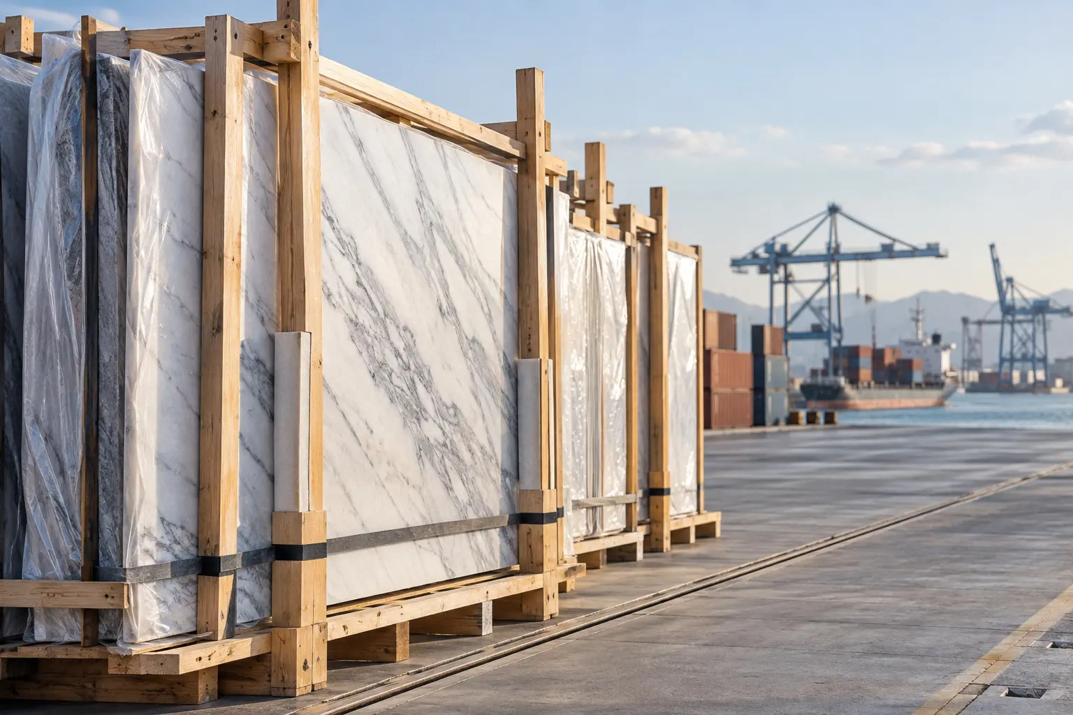 Protected Turkish marble slabs prepared for secure UK export